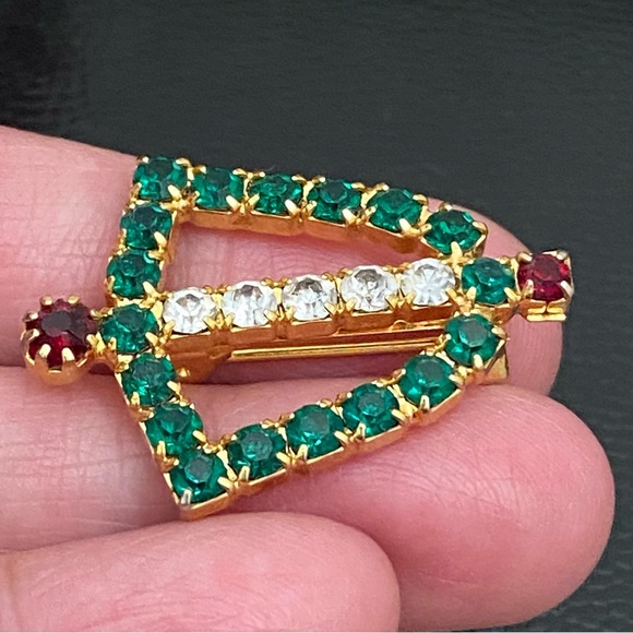 Vintage Green Red Clear Rhinestone Christmas Bell Small Pin Brooch - Picture 4 of 9